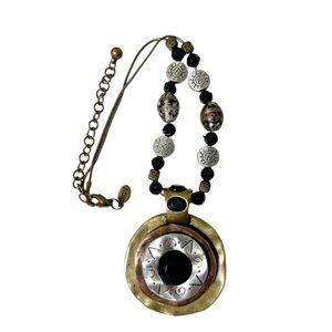 Chico’s Three Tone Metal and Bead Necklace Boho Style Fashion Lobster Clasp